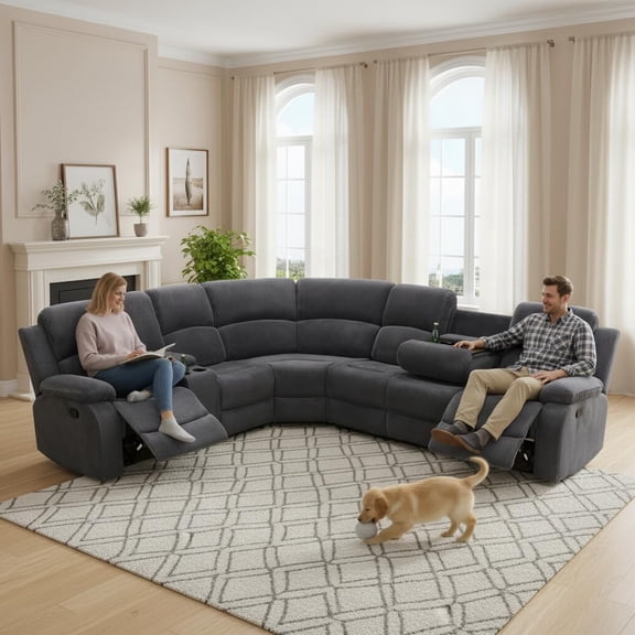 Recliner Sofa Set ,Manual Reclining Sectional Couch Set with Cup Holders,Living Room Furniture,Corduroy L-Shaped Recliner Couch Set for Living Room Home Office (Dark Grey, Sectional)