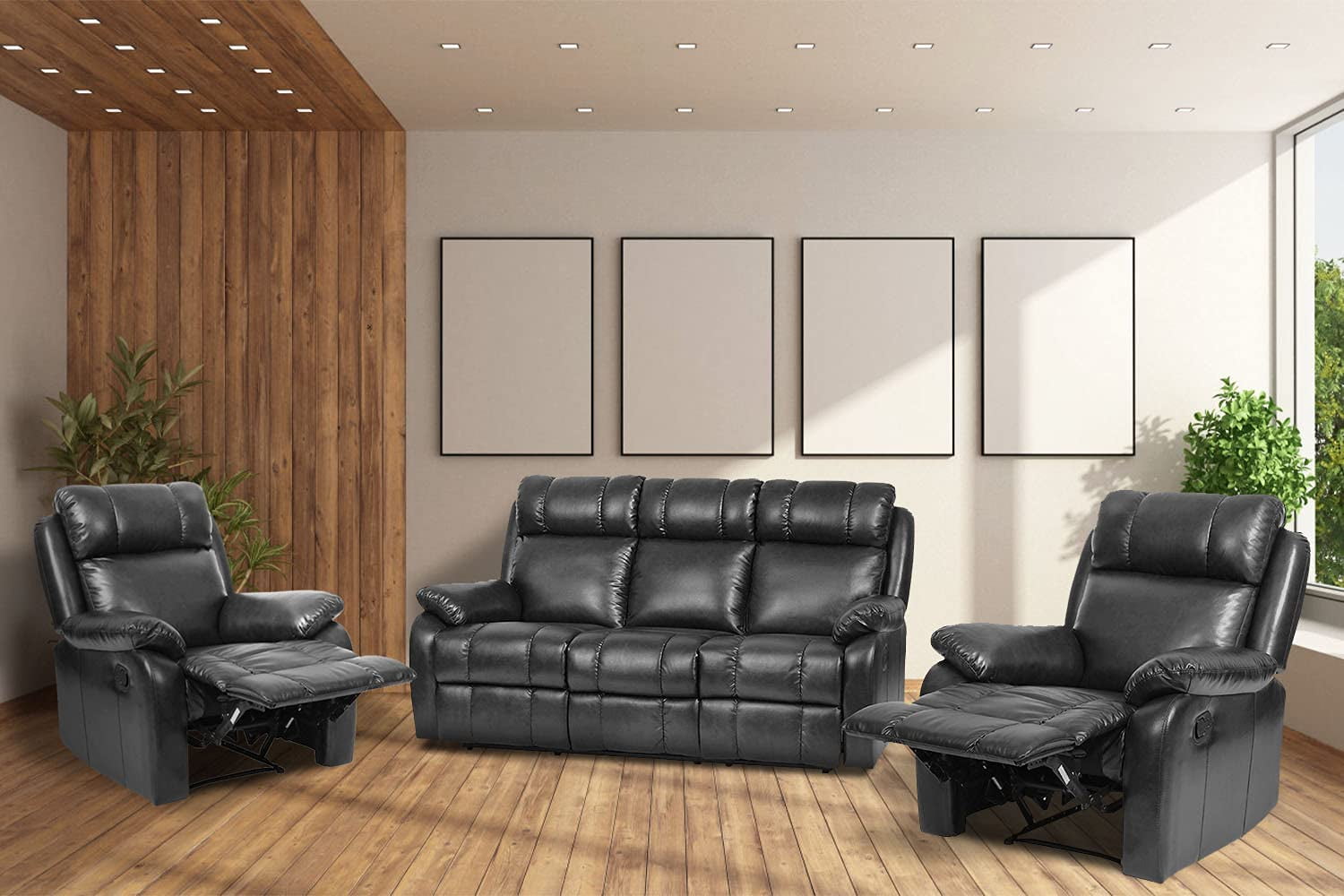 Recliner Sofa Set Sectional for Living Room Furniture PU Leather,Couch Manual Reclining,Black