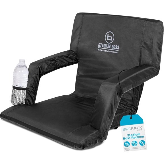 Recliner Stadium Seat for Bleachers, Benches, Lawns, Backyard, Camping & Beach Padded Sport Chair, Cushion Backs & Armrest 6 Reclining Positions Portable Carry Straps Black