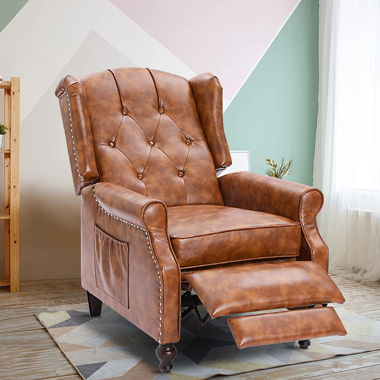 Recliner Wingback Chair - PU Leather Arm Chair Recline Heating Function, Adjustable Backrest,Brown