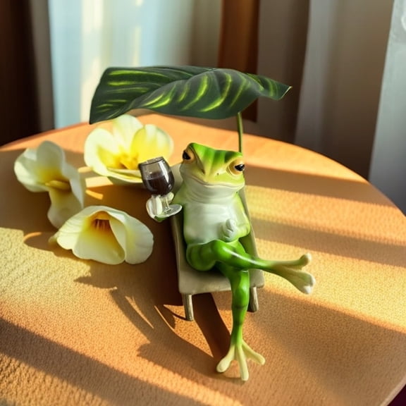 Recliner frog statue, resin crafts, desktop decoration, with fake leaves