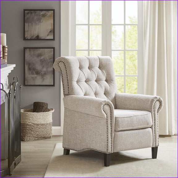 Recliners, Aidan Transitional Push Back Recliner Chair with 3 Locked Positions | Cream Polyester | Solid Wood Legs