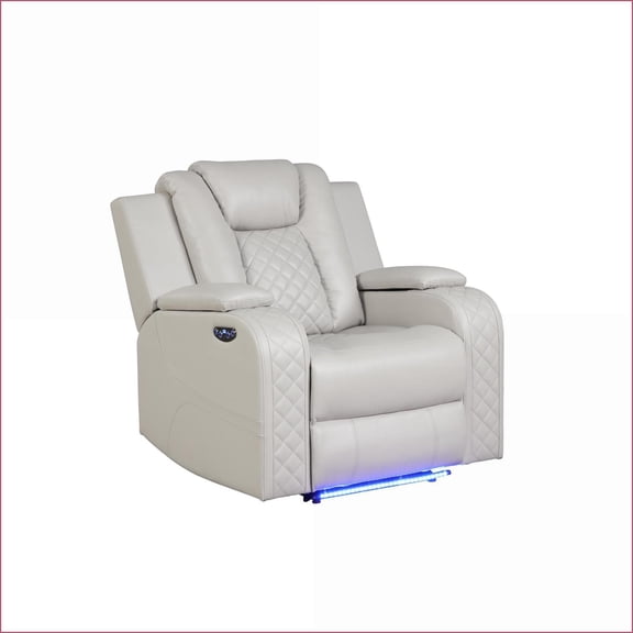 Recliners: Power Recliner with LED Lights & Adjustable Headrest, Faux Leather in Ice | Modern Style | Bluetooth Speaker
