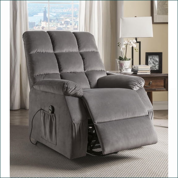 Recliners Charcoal Gray Velvet Power Lift with Massage & Heat | Wood+Fabric | Grey