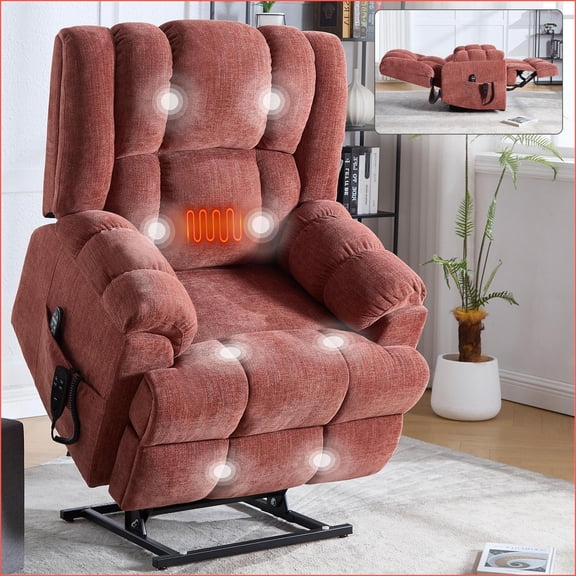 Recliners Electric Power Lift with Dual Motor, Heat Massage, Infinite Positions, 350 lbs Capacity, Medium-Firm, Power Remote | Crimson Red | Metal & Wood Frame