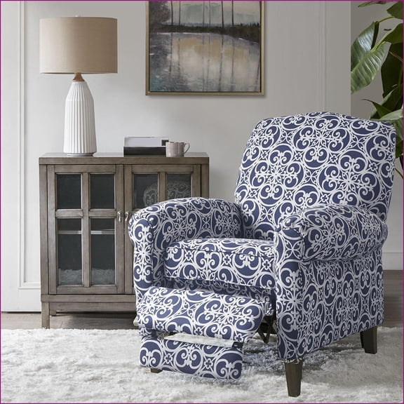 Recliners, Kirby Transitional Push Back Recliner with 3 Locked Positions | Navy Fretwork Upholstery | Solid Wood Legs