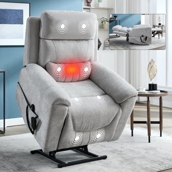 Recliners and Massage Chairs Dual Motor Infinite Position Up to 350 LBS Leatherair Power Lift Recliner Chair, Heavy Duty Motion Mechanism with 8-Point Vibration Massage and Lumbar Heating,Grey,Massag
