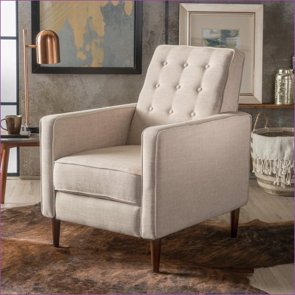 Recliners Mid-Century Modern Pushback Single Recliner - Thicker Cushion, Tufted Fabric, Espresso Birch Legs | Wheat | Fabric