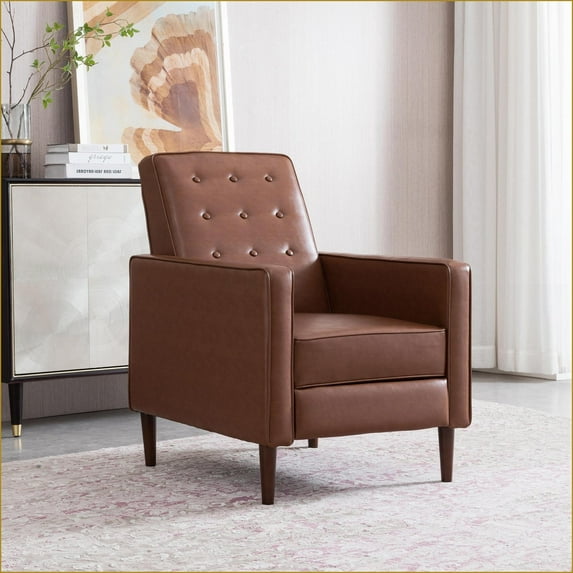 Recliners Mid-Century Modern Pushback Tufted Recliner with Thicker Cushion, Birch Legs | Light Brown | PU