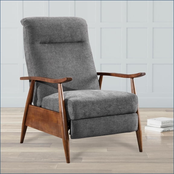 Recliners, Modern Saugus Push Back 3-Position with Chestnut Brown Wood Arms - Charcoal Gray | Charcoal | Fabric