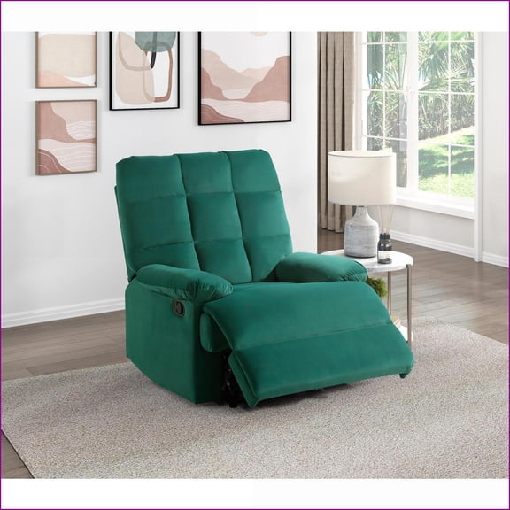 Recliners Modern Solid Wood Recliner, Forest Green Velvet Upholstery Square Tufted Back Pillowtop Arms Manual Recline | Green | Velvet