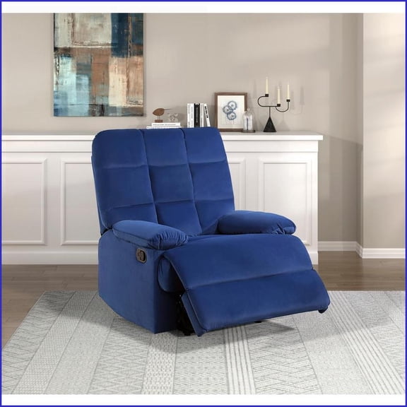 Recliners Modern Solid Wood Tab Pull Recliner with Tufted Back & Pillowtop Arms | Blue | Velvet