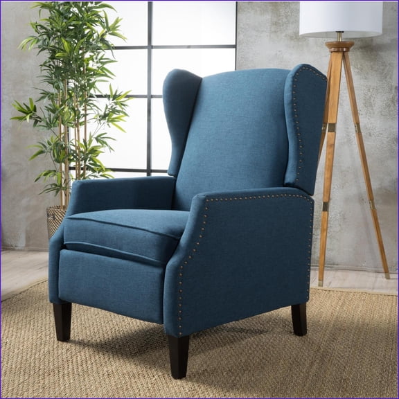 Recliners, Modern Wingback Pushback Recliner Chair with Nailhead Trim & Birch Wood Legs | Navy Blue | Fabric