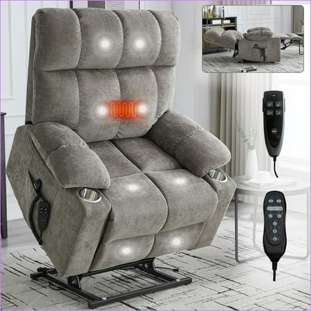 Recliners Oversized Chenille Power Lift Recliner with Dual Motor, 8-Point Massage, Lumbar Heating, Dual Cup Holders, 350 lbs Capacity | Walnut Brown | Metal & Wood Frame