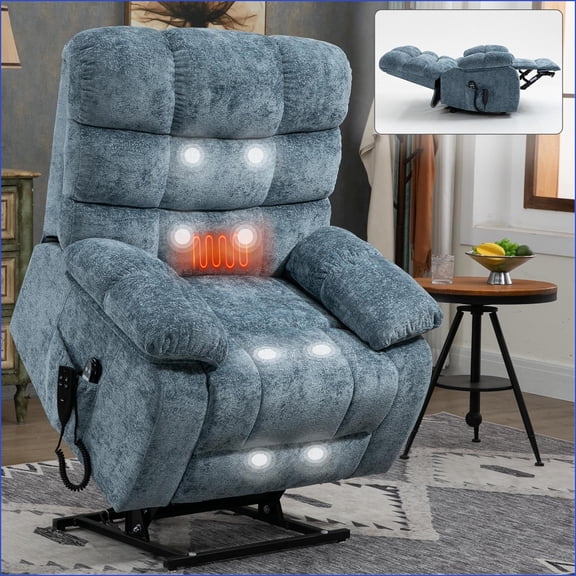 Recliners Oversized Power Lift Chair with Dual Motor, Heat & Massage, 350 LBS Capacity | Navy Blue | Chenille