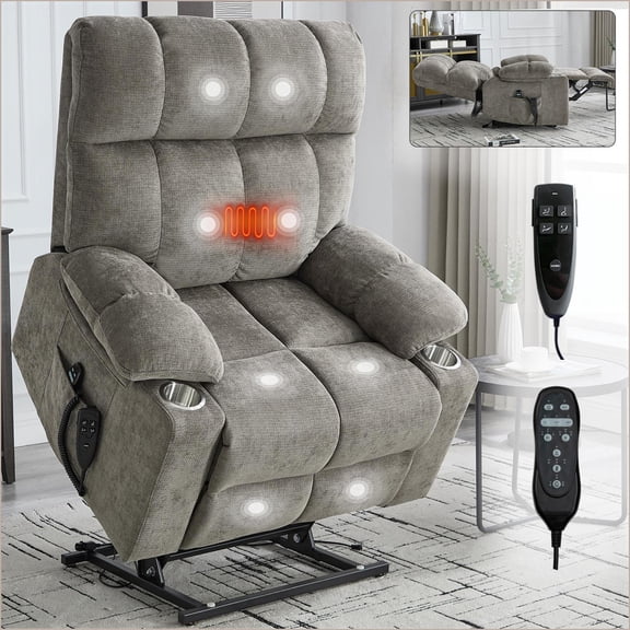 Recliners, Oversized Walnut Brown Chenille Power Lift Chair with Dual Motor, 8-Point Massage & Lumbar Heat | Metal Mechanism | 350 LBS Capacity