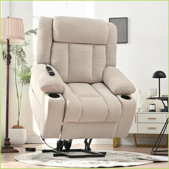 Recliners Power Lift Home Theater Chair – Classic Style with Extended Footrest, Cup Holders, Side Pockets & Remote | Light Gray | Fleece