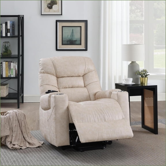 Recliners Power Motion Lift with Heating & Massage, Ivory Leather Aire | Ivory | Faux Leather