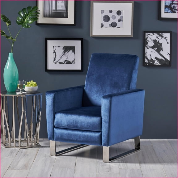 Recliners, Modern Glam Push-Back Velvet Recliner with Stainless Steel Legs | Navy Blue | 100% Polyester
