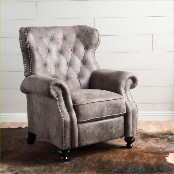 Recliners Push Back Recliner with Rolled Arms & Copper Accents, Walnut Brown & Light Gray | Microfiber | Compact Size