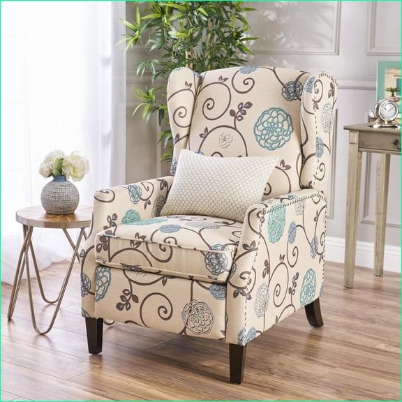 Recliners, Pushback Modern Traditional Wingback Fabric Recliner with Nailhead Trim & Wood Legs | White+Multi | Fabric
