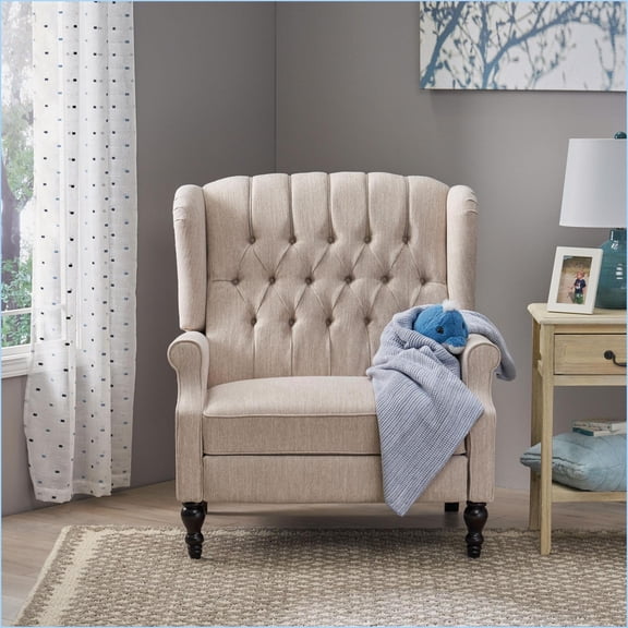 Recliners, Pushback Wingback Fabric Recliner with Nailhead Accents | Beige | 37.75W x 33.25D x 42.5H Inches