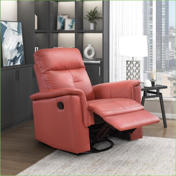 Recliners Swivel Glider Manual Recline Chair, Ruby Red Top Grain Leather Match Living Room Furniture | Solid Wood|Plywood Frame