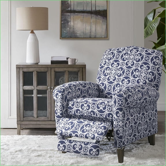 Recliners, Transitional Push Back Recliner with Navy Blue Fretwork Upholstery | Solid Wood Legs | 3 Recline Positions