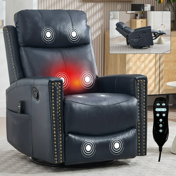 Recliners and Massage Chairs Blue Genuine Leather Heat Massage Manual Recliner Chair with Rocker and Swivel for Living Room,Massage Recliners