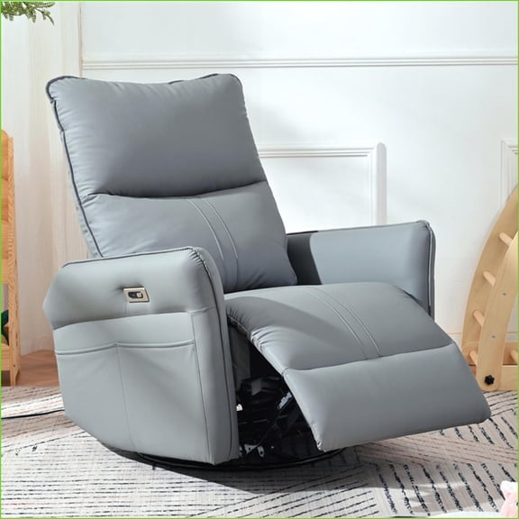Recliners for Adults, Electric 270 Swivel Rocker Recliner Chair, Small Space Single Sofa for Living Room Bedroom RV | Blue-gray | PU