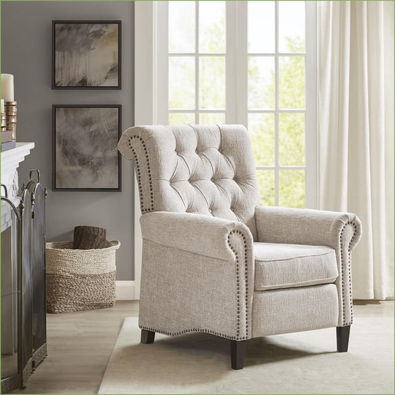 Recliners for Living Room, Aidan Transitional Push Back Recliner with 3 Locked Positions | Cream Polyester | Solid Wood Legs