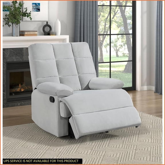 Recliners for Living Room, Modern Solid Wood Recliner with Square Tufted Back & Pillowtop Arms | Light Gray Velvet | Tab Pull Mechanism