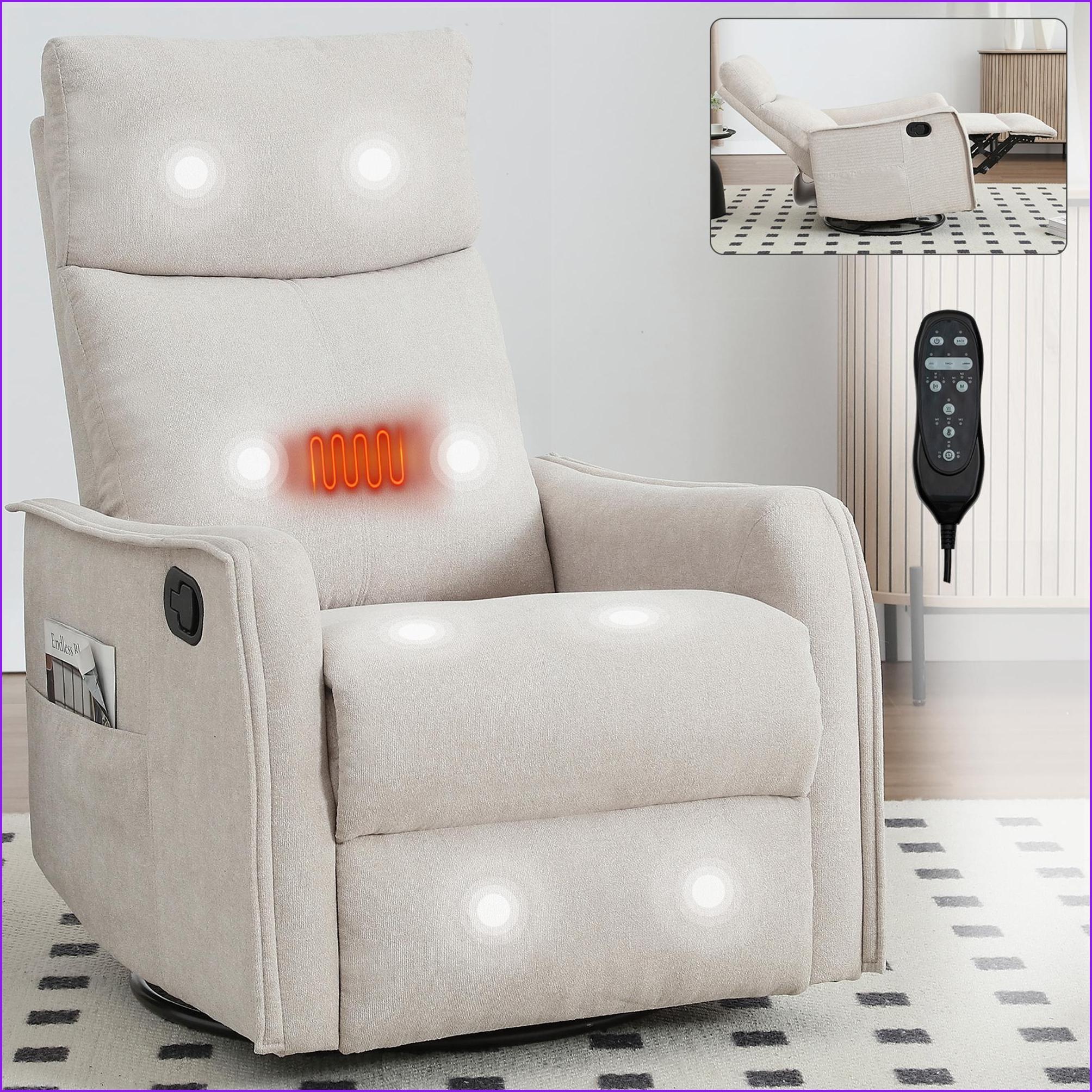 Recliners for Living Room | Swivel Rocker with Massage & Heat | Beige Fabric | Metal Base