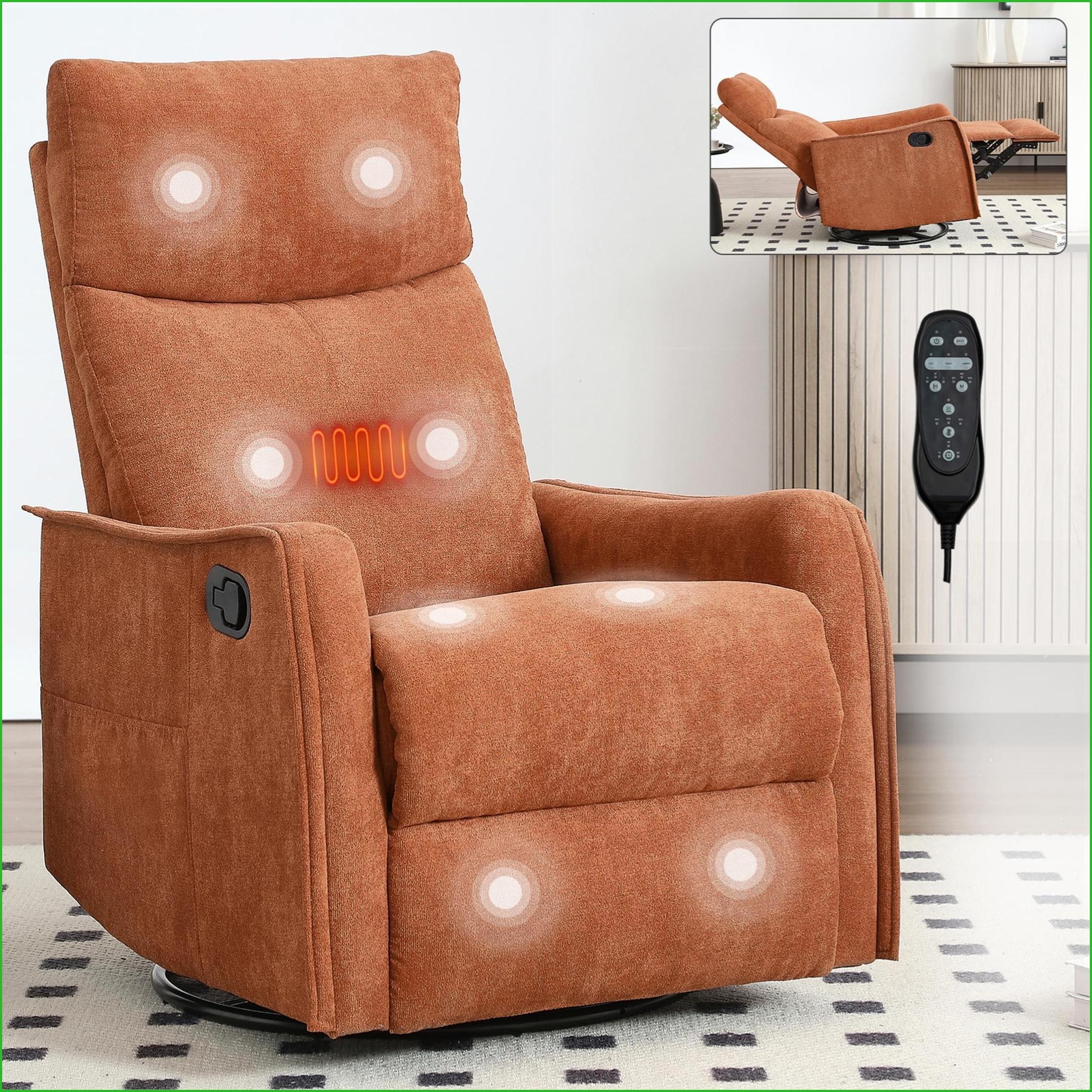 Recliners with Heat Massage, 360 Swivel Rocker Fabric Upholstery for Living Room | Orange | Metal Base