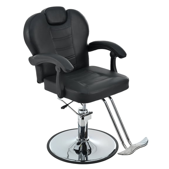 Reclining Barber Chair with Heavy-Duty Hydraulic Pump, 360 Swivel, Black, 330 lb Capacity | Reclining backrest, adjustable headrest, easy-clean PU leather, chrome base with floor-safe ring