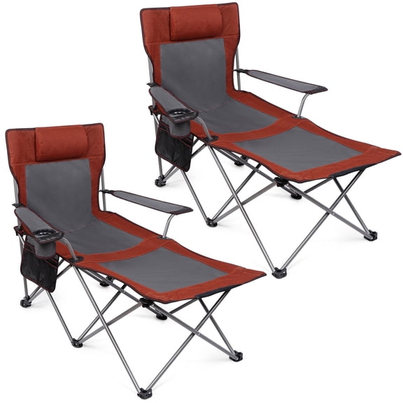 Reclining Beach Lounge Chair 2-Pack, Adjustable 90-135° Backrest, 6-Legged Folding with Foot Rest, Pillow & Carry Bag, Red