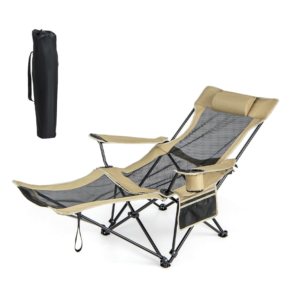 Heavy Duty Camping Recliner Chair with Removable Foot Rest, Foldable Lounge Chair for Adults, 2-in-1 Adjustable Backrest, Storage Bag Cup Holder, 330LBS Capacity Outdoor Beach Chair, Khaki