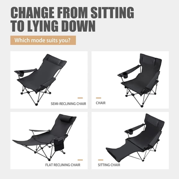 Reclining Camping Chair with Removable Footrest Adjustable Lounge Beach Seat Padded Headrest Cup Holder Carry Bag for Outdoors