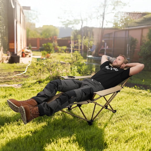 Reclining Camping Lounge Chair Adjustable Foldable Chair for Adults with Removable Footrest, Headrest & Storage Bag Supports Up to 330 LBS Beige