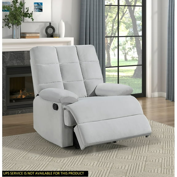 Reclining Chair Light Gray Velvet Upholstery Square Tufted Back Pillowtop Arms Solid Wood Furniture Modern Living Room Recliner 1pc