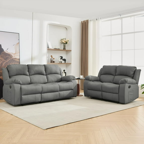 Reclining Couch Sleeper Sofa Set Chaise Lounge Chair Leather Recliner Couch Loveseat for Living Room, Theater Seating(3 Seat Sofa+Loveseat,Grey)