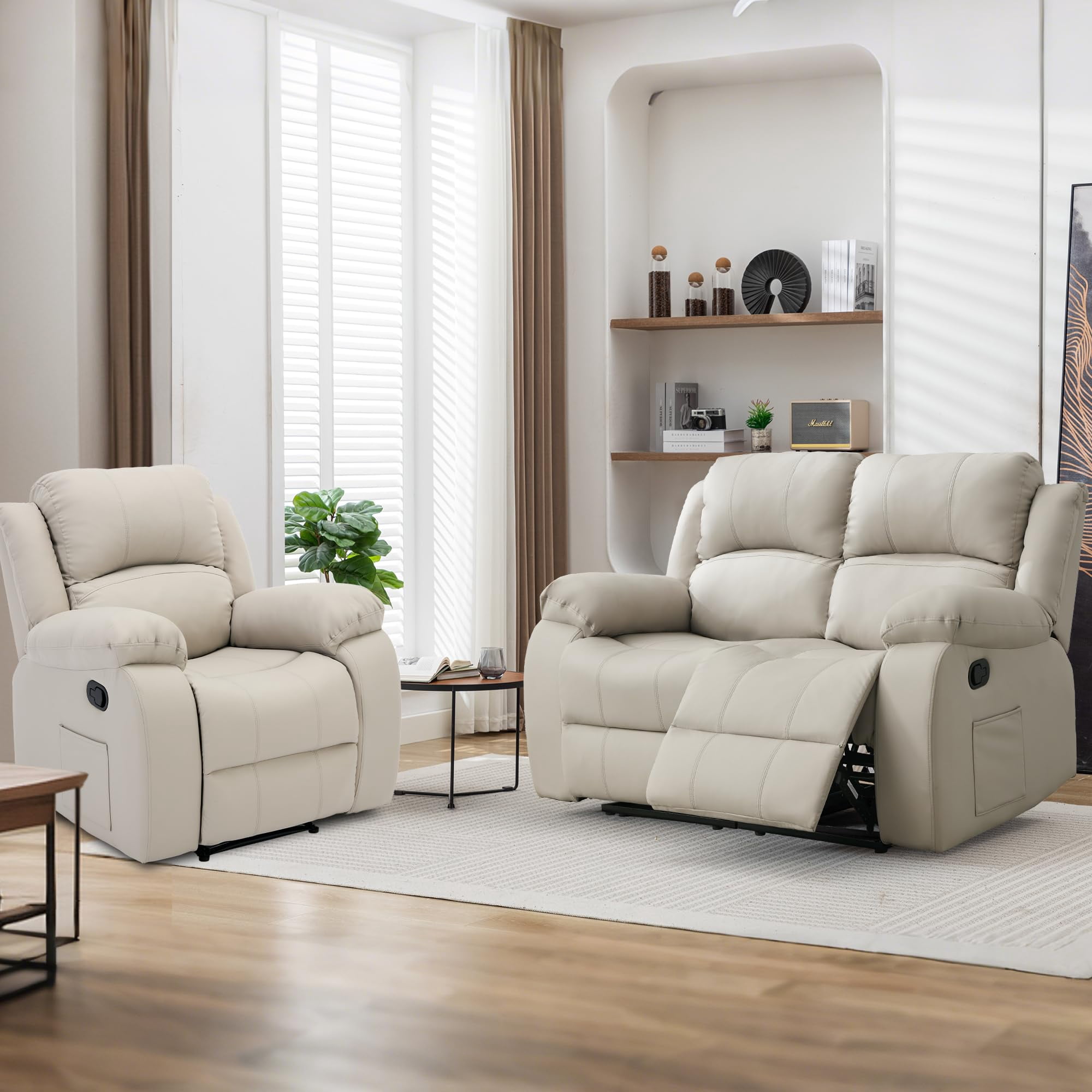 Reclining Couch Sleeper Sofa Set Chaise Lounge Chair Leather Recliner Couch Loveseat for Living Room, Theater Seating(Loveseat+Recliner,Beige)