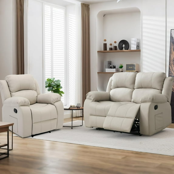 Reclining Couch Sleeper Sofa Set Chaise Lounge Chair Leather Recliner Couch Loveseat for Living Room, Theater Seating(Loveseat+Recliner,Beige)