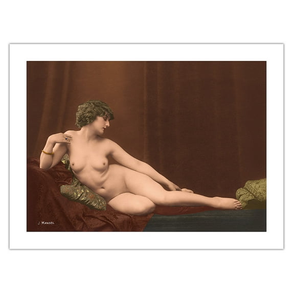 Reclining Figure II - Classic Vintage French Figure - Hand-Colored Tinted Art - From a French Risque Postcard by Julian Mandel c.1910s - Bamboo Fine Art 290gsm Paper Print (Unframed) 24x32in