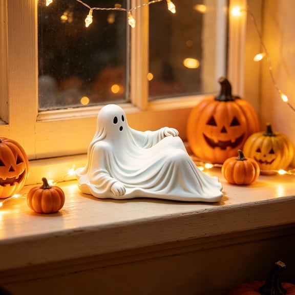 Reclining Ghost Figurine, Resin Halloween Decor 4.33in White Resin Ghost, Hand-Painted Details, Freestanding, Indoor/Outdoor Use, Holiday Gift