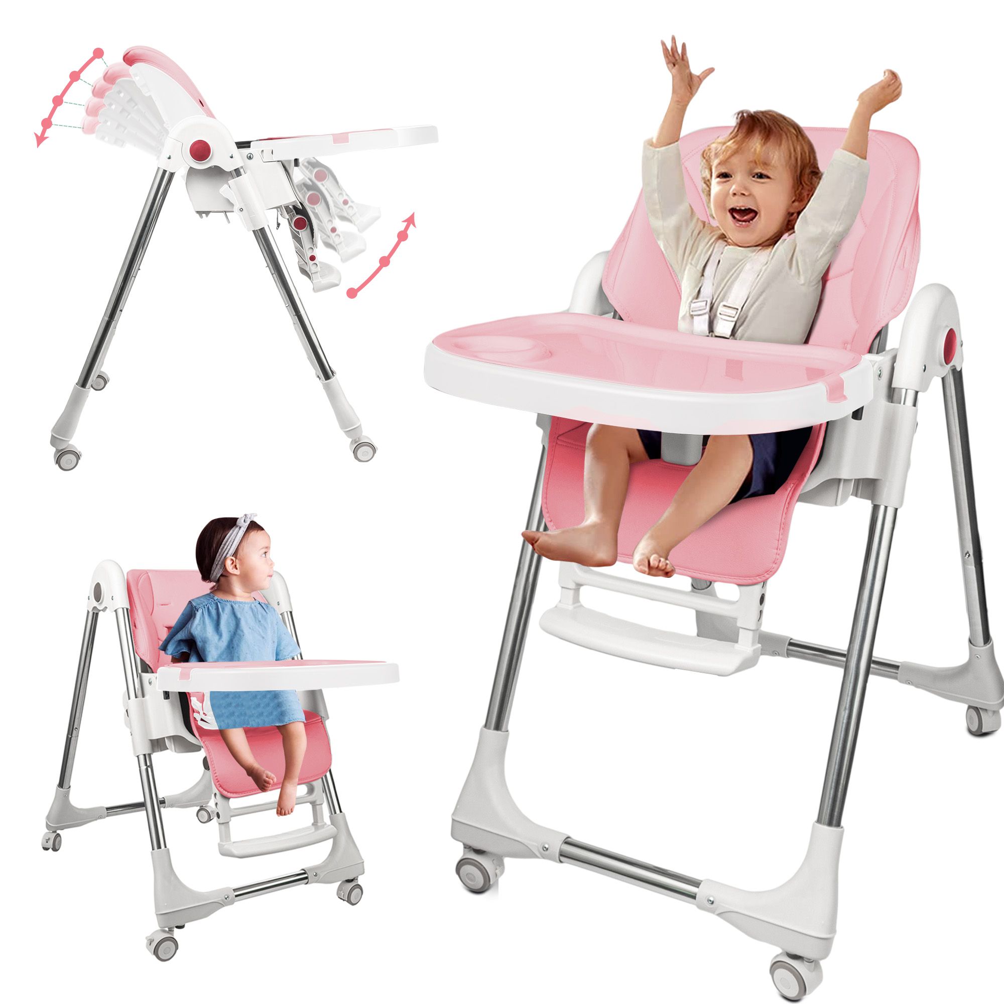 Reclining High Chair for Babies & Toddlers, Portable Compact High Chairs, Removable Tray&4