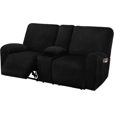 Reclining Love Seat with Middle Console Slipcover, 8-Piece Velvet Stretch Loveseat Reclining Sofa Covers, Thick, Soft, Washable (Black)