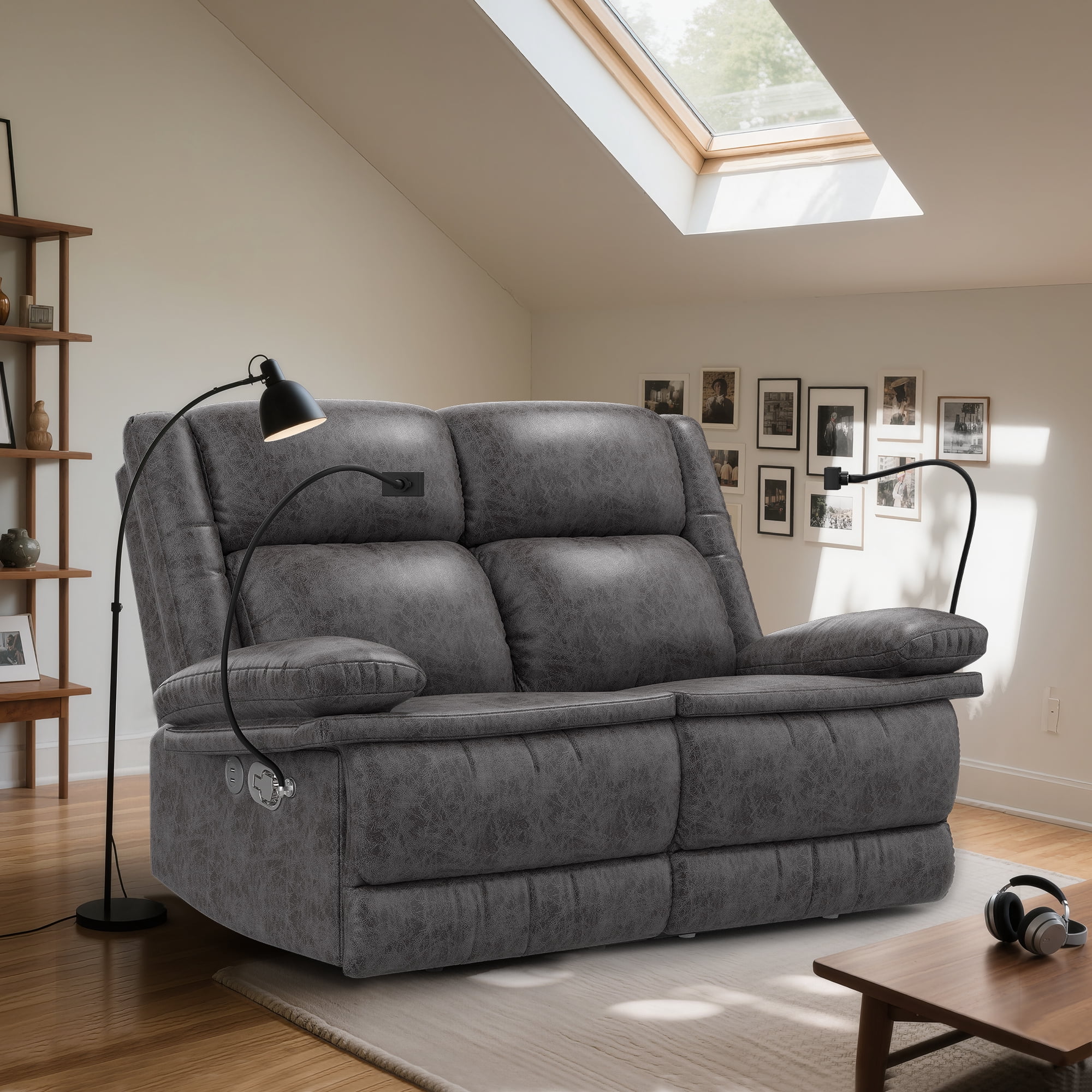 LOBERFVE Loveseat Recliner,  Double Reclining Sofa with Mobile Phone Holder and USB Port, 2 Seater Recliner Chair for Living Room, Home Theater, RV, Gray