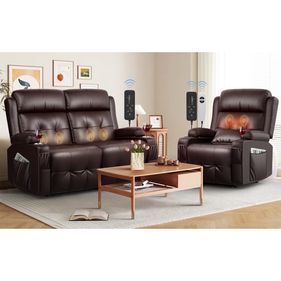 LOBERFVE Reclining Loveseat, Oversized Massage Recliner Sofa Heavy Weight Capacity, RV Love Seat Chair Clearance with Storage, Cup Holders, Wall Hugger Couches for Living Room, Brown