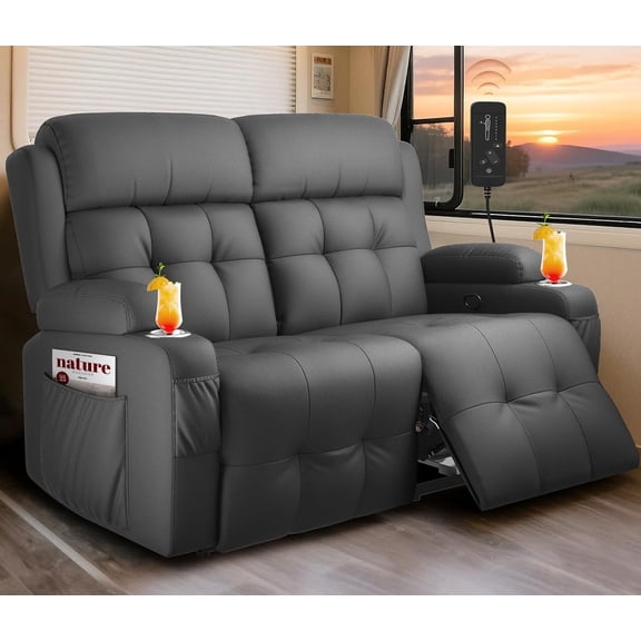 Reclining Loveseat with Massage & Wall Hugger, USB Port, Side Pockets, Cup Holders, Removable Armrests – for RV & Home Theater, Dark Gray